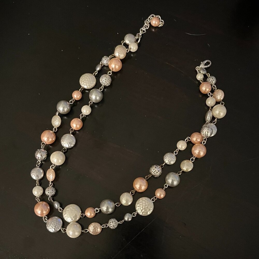 Silver-Tone Double-Strand Necklace with Blush, Pearl & Gray Beads